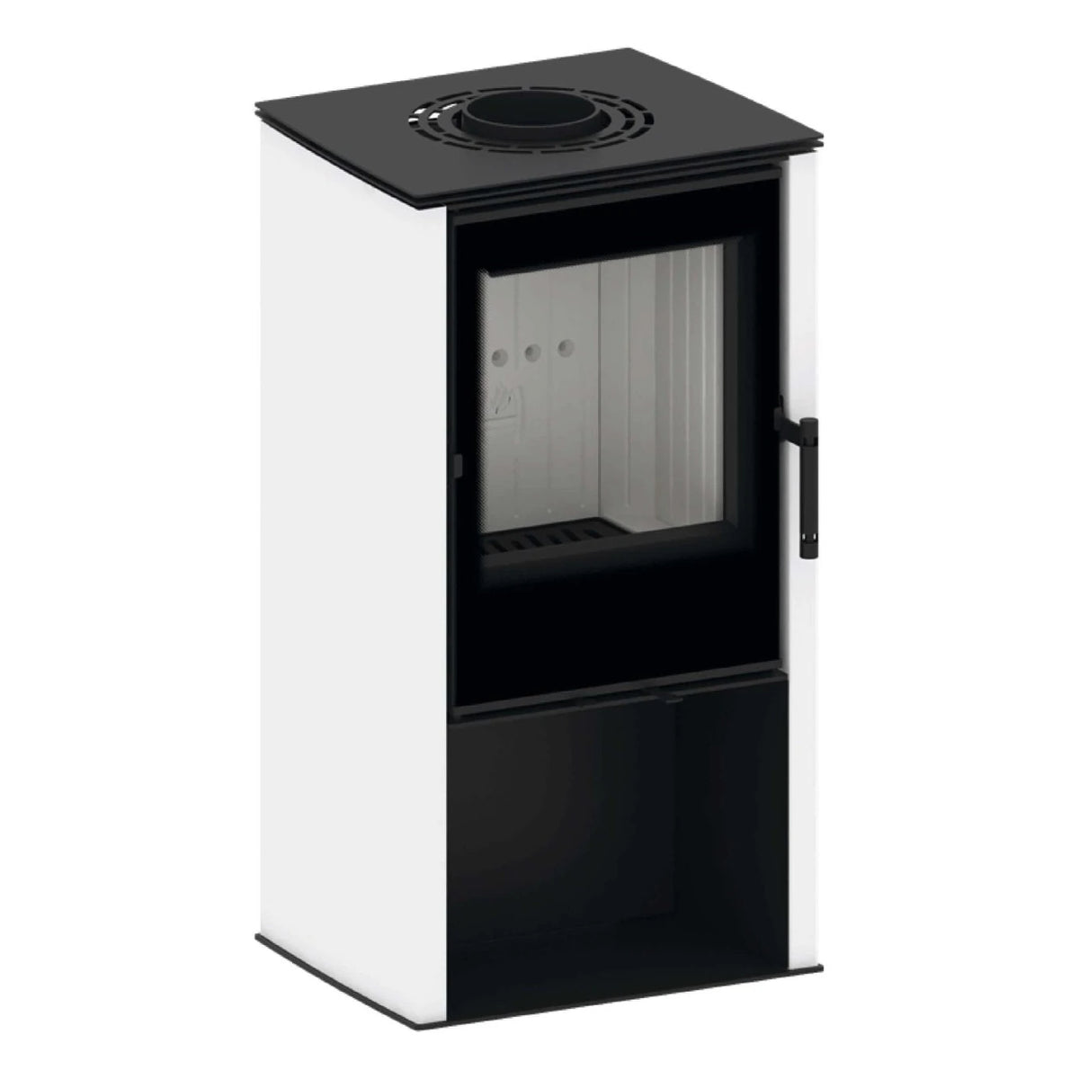 Kaminofen Hitze Lupo S 6,5 kW – Kaminofen mit weißen Seiten in schräger Vorderansicht