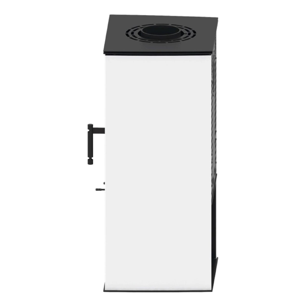 Kaminofen Hitze Lupo S 6,5 kW – Kaminofen mit weißen Seiten in Seitenansicht