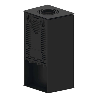 Kaminofen Hitze Lupo S 6,5 kW – Dunkler Kaminofen mit Lüftungsgittern in schräger Rückansicht