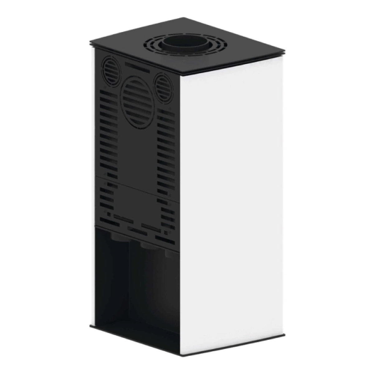 Kaminofen Hitze Lupo S 6,5 kW – Kaminofen mit weißen Seiten und Lüftungsgittern in schräger Rückansicht