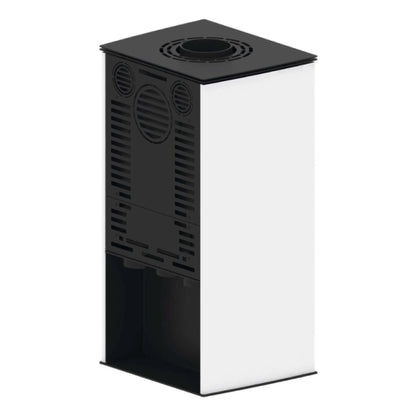 Kaminofen Hitze Lupo S 6,5 kW – Kaminofen mit weißen Seiten und Lüftungsgittern in schräger Rückansicht