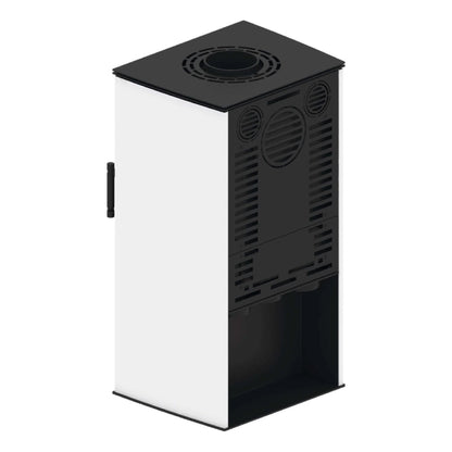 Kaminofen Hitze Lupo S 6,5 kW – Kaminofen mit weißen Seiten und Lüftungsgittern in schräger Rückansicht