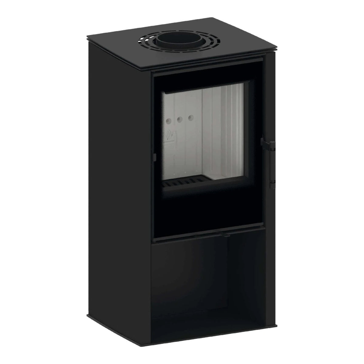 Kaminofen Hitze Lupo S 6,5 kW – Dunkler Kaminofen in schräger Vorderansicht auf Weiß