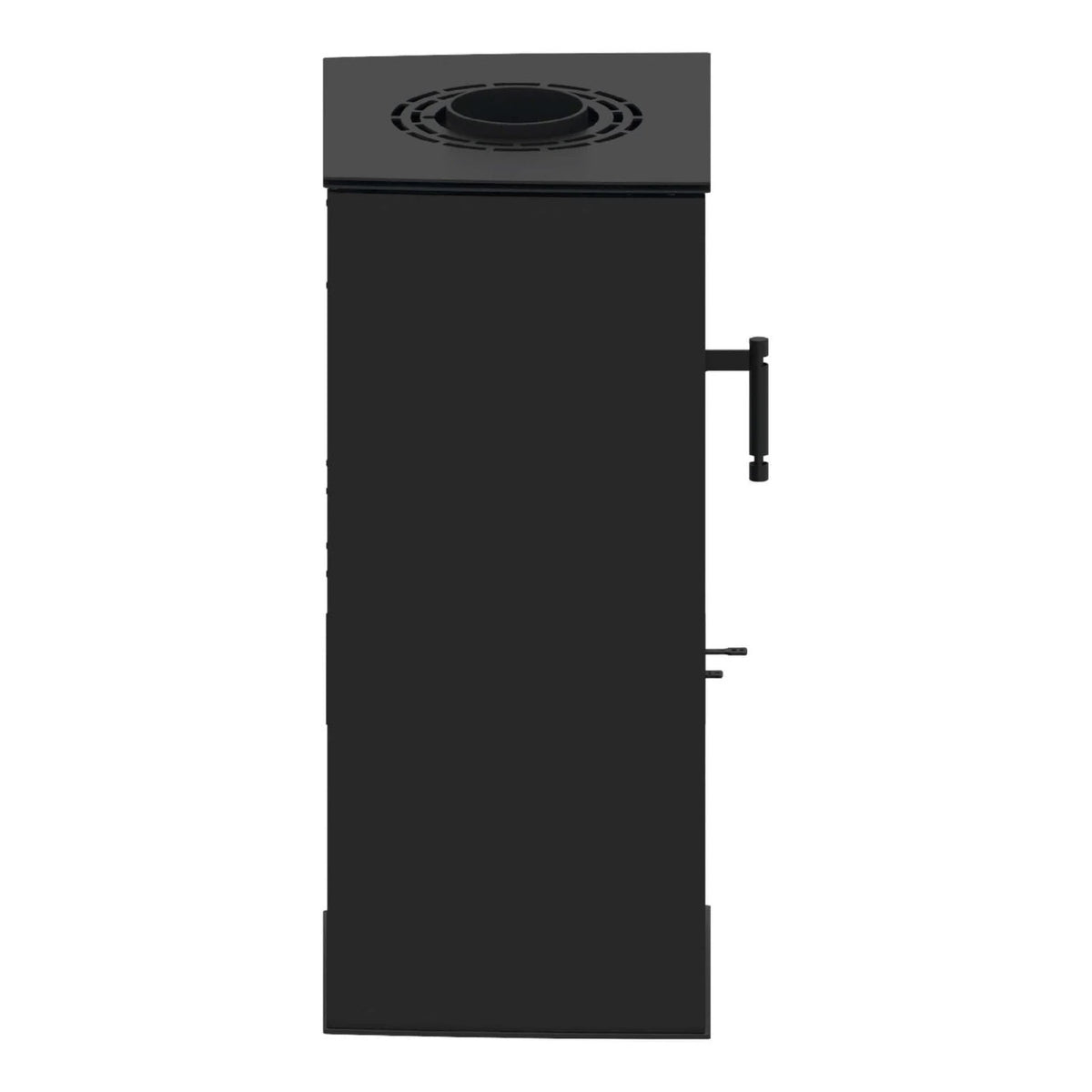 Kaminofen Hitze Lupo S 6,5 kW – Dunkler Kaminofen in Seitenansicht auf Weiß
