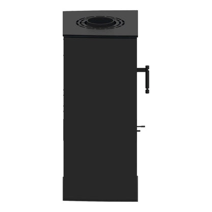 Kaminofen Hitze Lupo S 6,5 kW – Dunkler Kaminofen in Seitenansicht auf Weiß