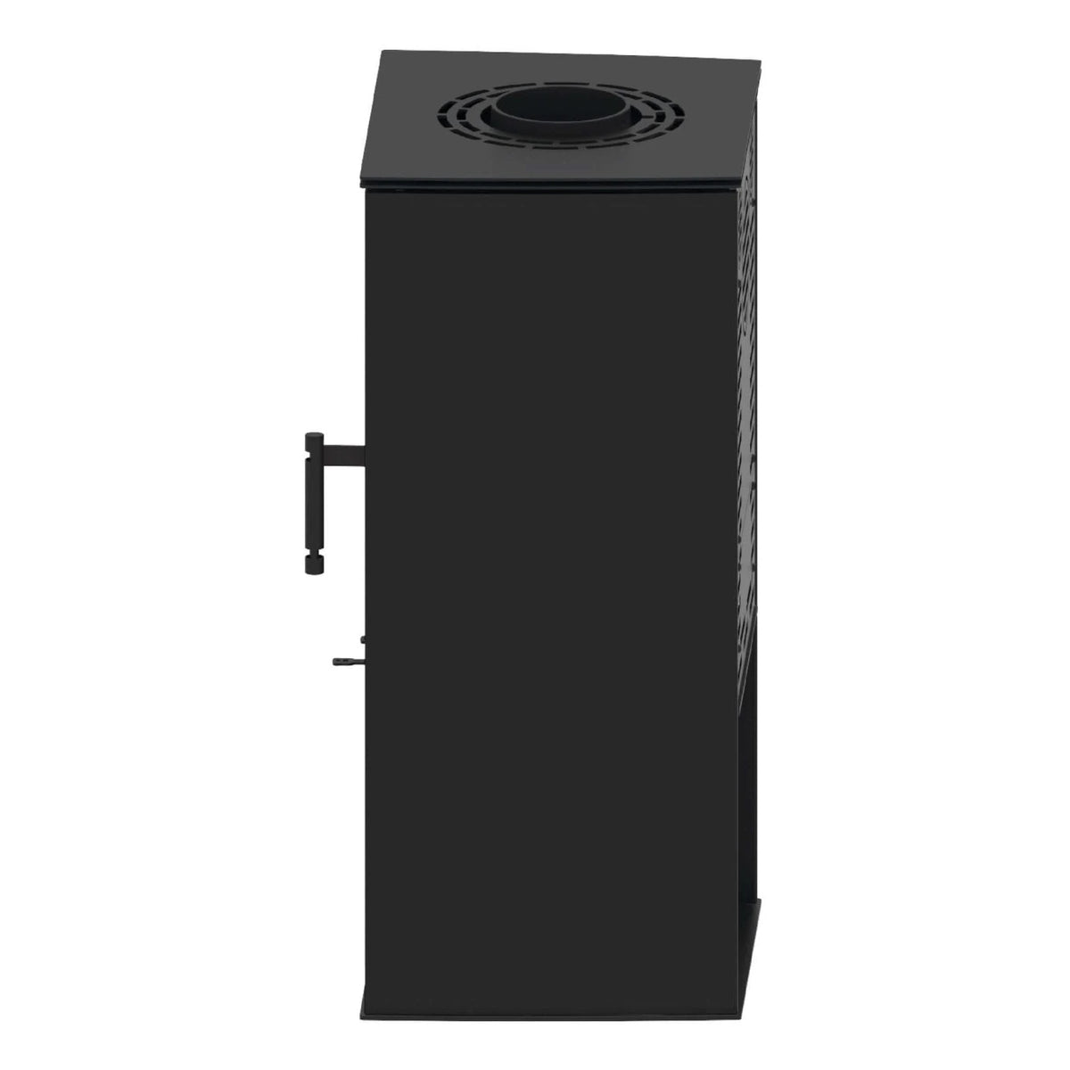 Kaminofen Hitze Lupo S 6,5 kW – Dunkler Kaminofen in Seitenansicht auf Weiß