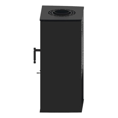Kaminofen Hitze Lupo S 6,5 kW – Dunkler Kaminofen in Seitenansicht auf Weiß