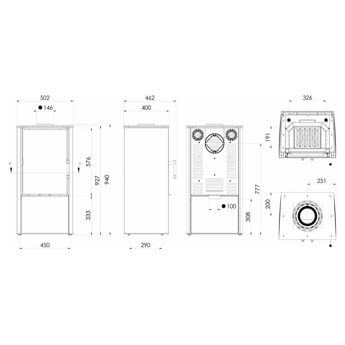 Kaminofen Hitze Lupo S 6,5 kW – Vollständige bemaßte technische Ansichten
