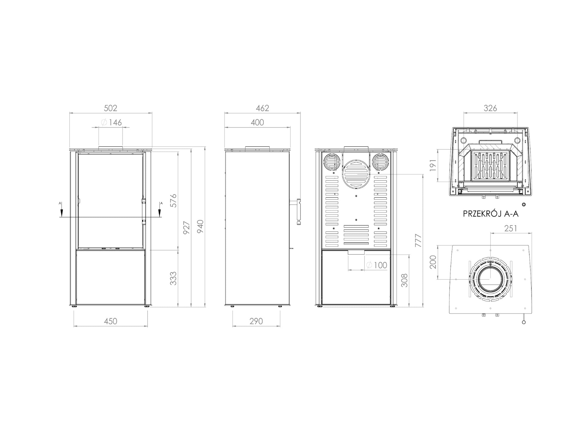 Kaminofen HITZE LUPO S LOFT – technische Maße