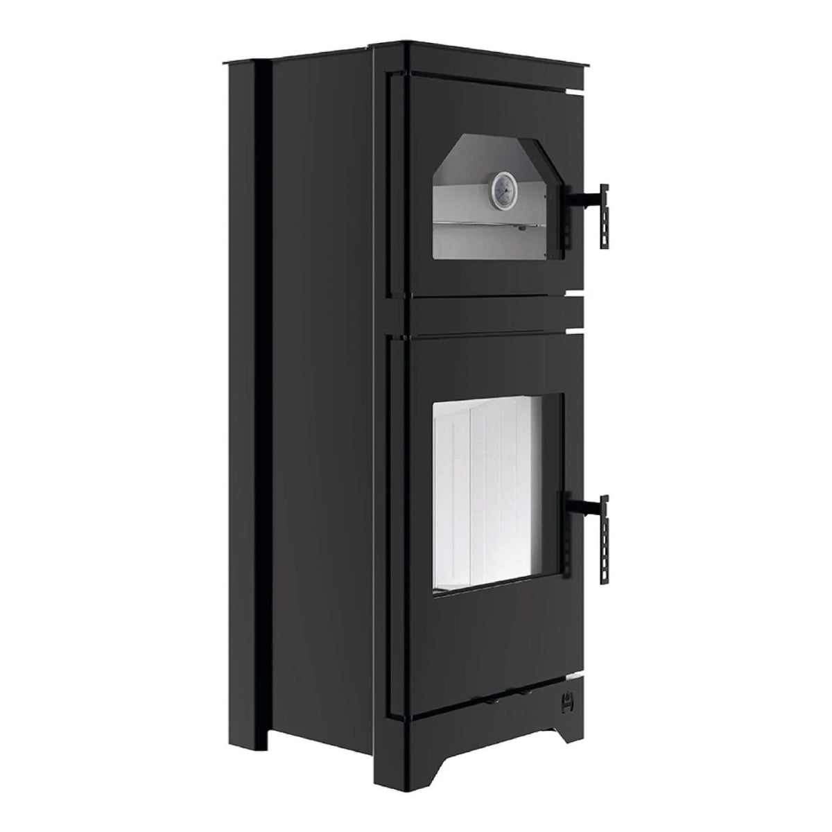 Kaminofen Hitze Lynx O mit Backfach 6,5 kW – Kaminofen mit Backfach und Thermometer in schräger Vorderansicht