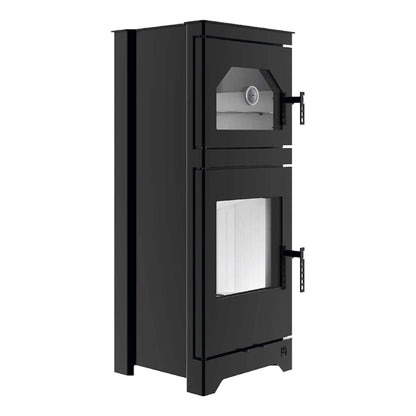 Kaminofen Hitze Lynx O mit Backfach 6,5 kW – Kaminofen mit Backfach und Thermometer in schräger Vorderansicht