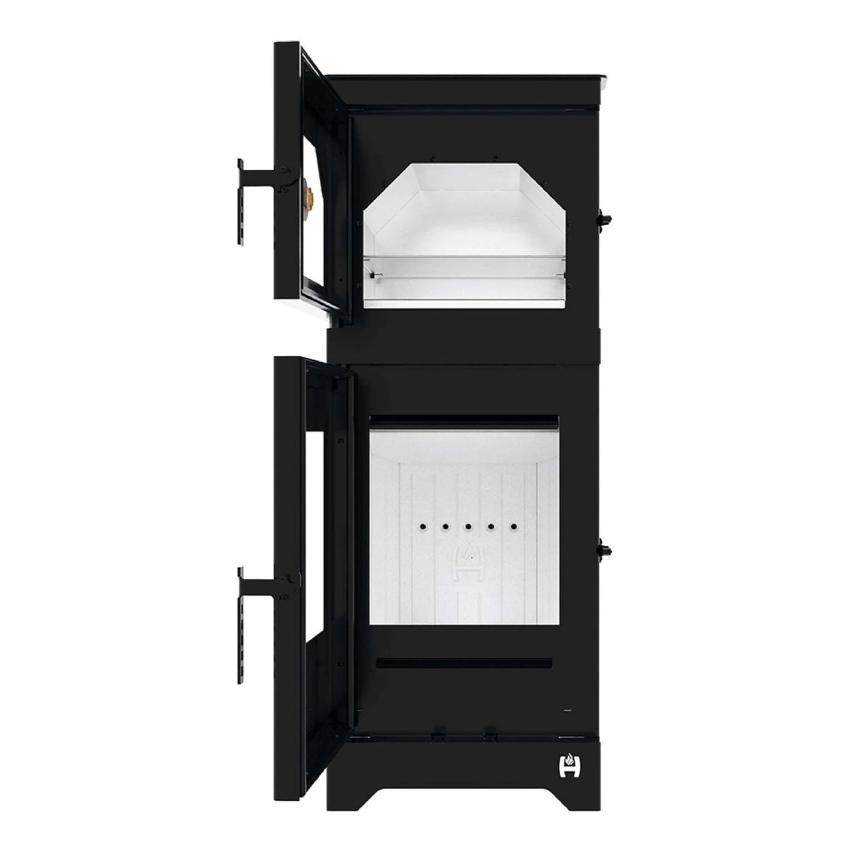 Kaminofen Hitze Lynx O mit Backfach 6,5 kW – Kaminofen mit geöffnetem Backfach und geöffneter Feuerraumtür in Vorderansicht
