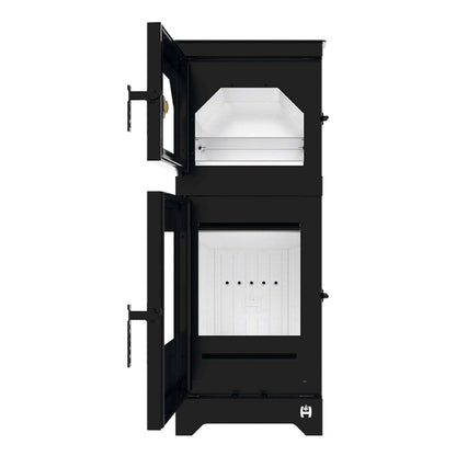 Kaminofen Hitze Lynx O mit Backfach 6,5 kW – Kaminofen mit geöffnetem Backfach und geöffneter Feuerraumtür in Vorderansicht