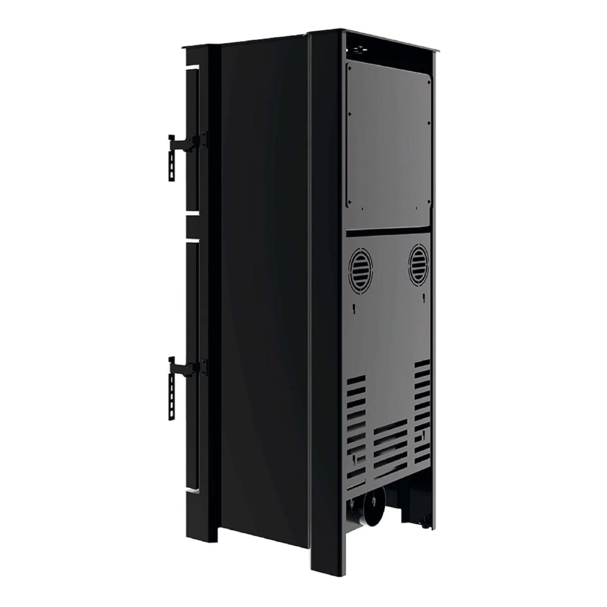 Kaminofen Hitze Lynx O mit Backfach 6,5 kW – Kaminofen mit Standfüßen und Anschlüssen in schräger Rückansicht