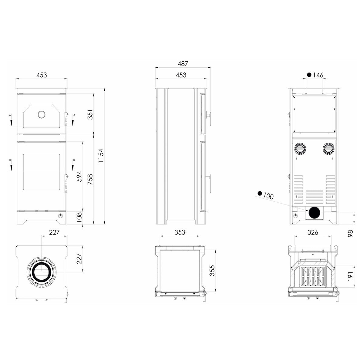 Kaminofen Hitze Lynx O mit Backfach 6,5 kW – Vollständige bemaßte technische Ansichten