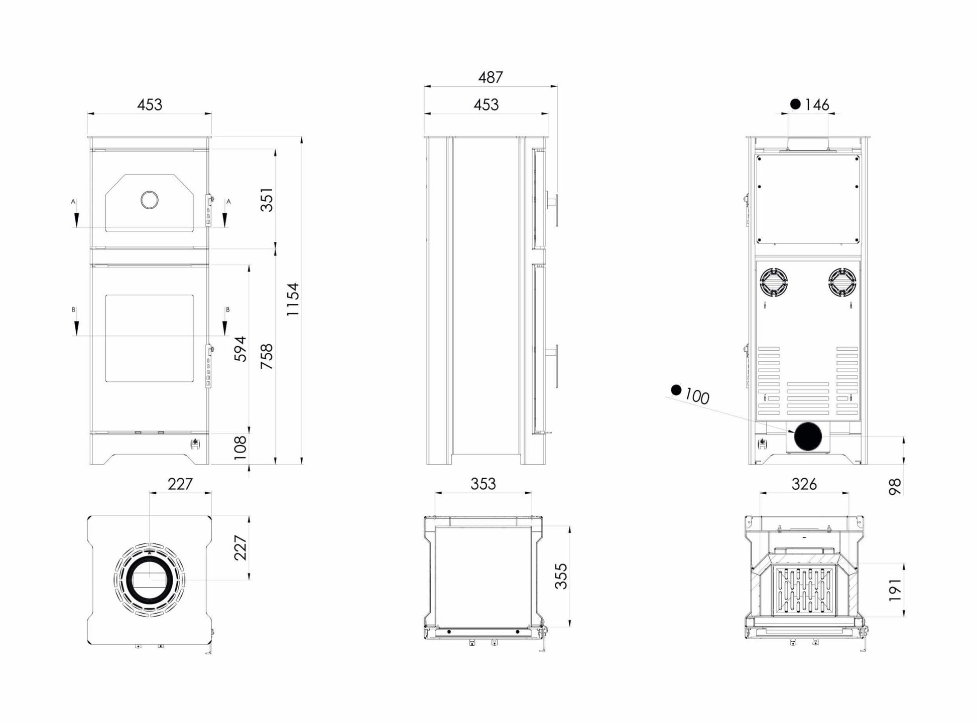 Kaminofen Hitze Lynx O mit Backfach Maße