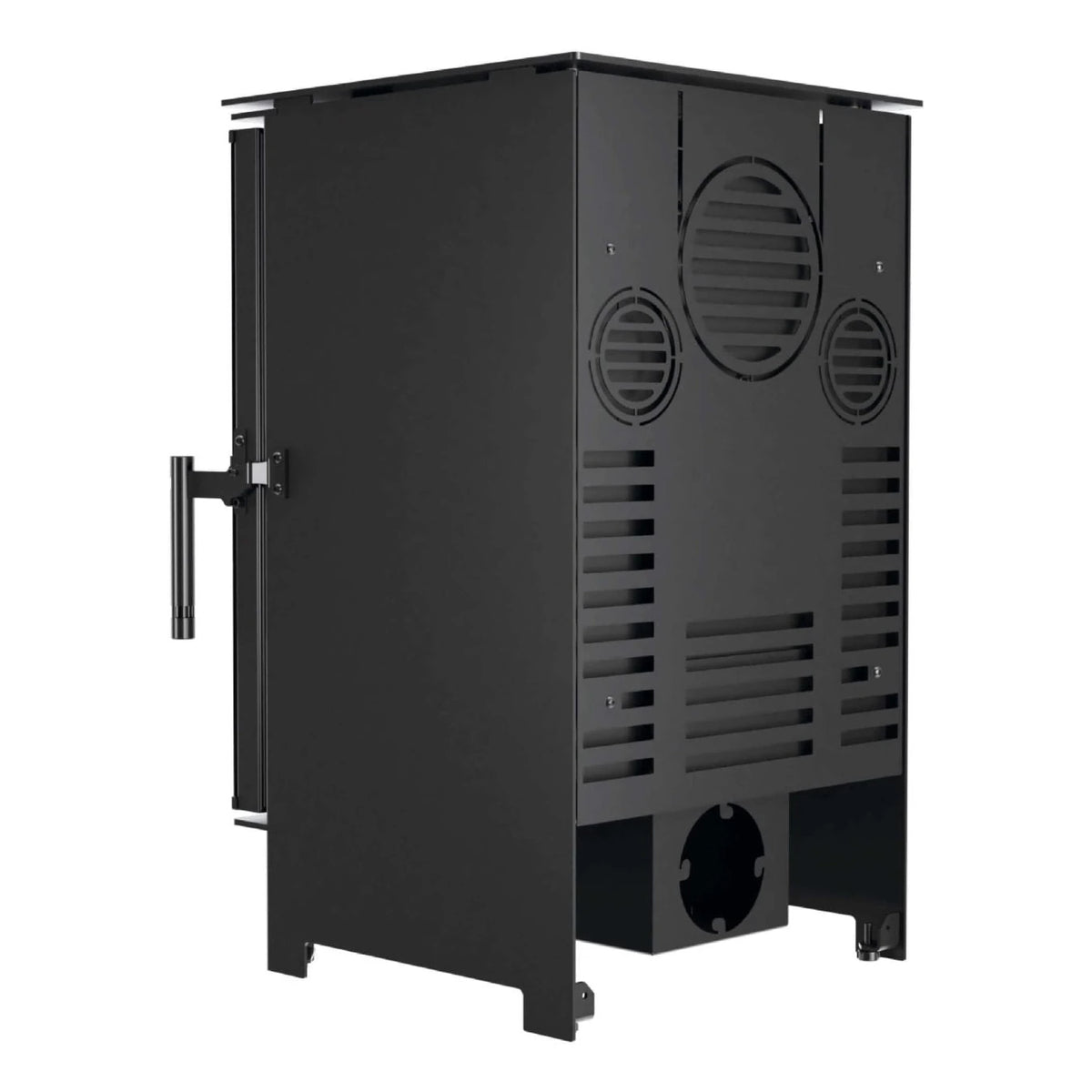 Kaminofen Hitze Lynx S 6,5 kW – Kaminofen mit Standfüßen und Anschlüssen in schräger Rückansicht