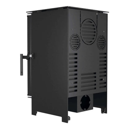 Kaminofen Hitze Lynx S 6,5 kW – Kaminofen mit Standfüßen und Anschlüssen in schräger Rückansicht