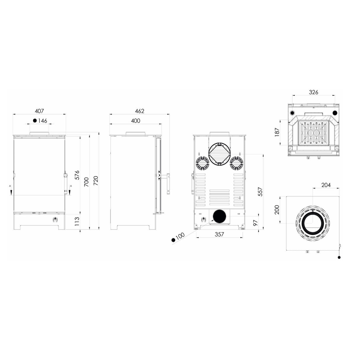 Kaminofen Hitze Lynx S 6,5 kW – Vollständige bemaßte technische Ansichten
