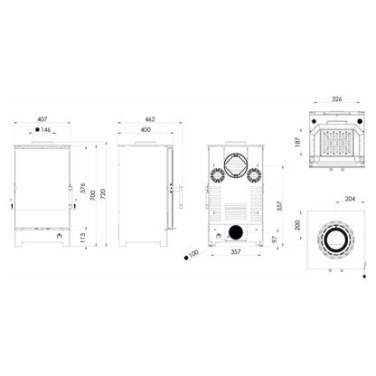 Kaminofen Hitze Lynx S 6,5 kW – Vollständige bemaßte technische Ansichten