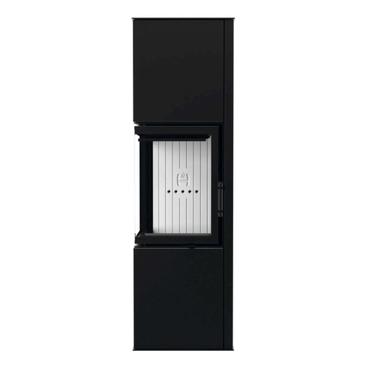 Kaminofen Hitze Siga 6,5 kW – Hoher Kaminofen mit Eckscheibe in Seitenansicht auf Weiß
