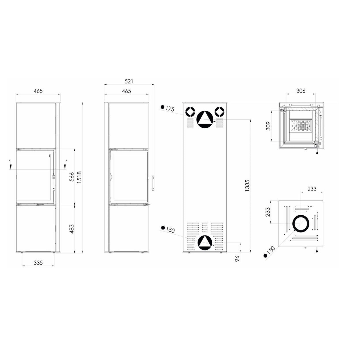 Kaminofen Hitze Siga 6,5 kW – Vollständige bemaßte technische Ansichten