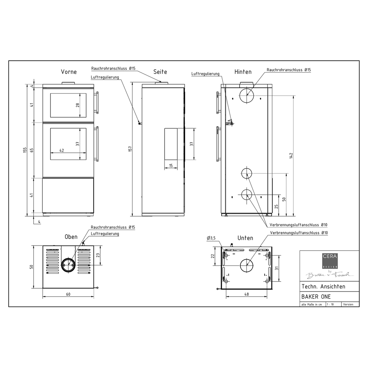Kaminofen mit Backfach CERA DESIGN Baker One | 7 kW – Vollständige bemaßte technische Ansichten