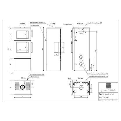 Kaminofen mit Backfach CERA DESIGN Baker One | 7 kW – Vollständige bemaßte technische Ansichten
