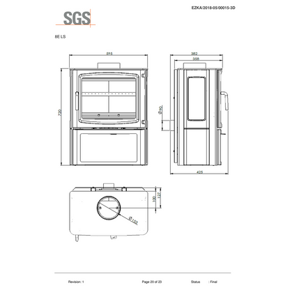 Kaminofen Schenger LF-8L-MP | 8 kW – Vollständige technische Zeichnung mit mehreren Ansichten und Zeichnungskopf