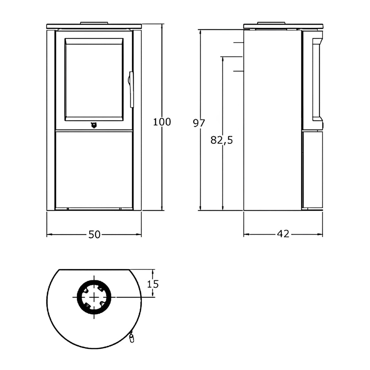 Kaminofen Varde Ovne Aura 1 | 5 kW – Maßzeichnung mit Front-, Seiten- und Draufsicht