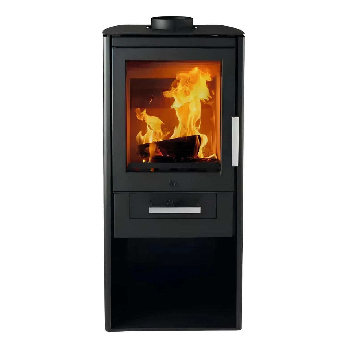 Kaminofen Varde Ovne Als 5 kW – Kaminofen mit Feuer in Vorderansicht auf Weiß