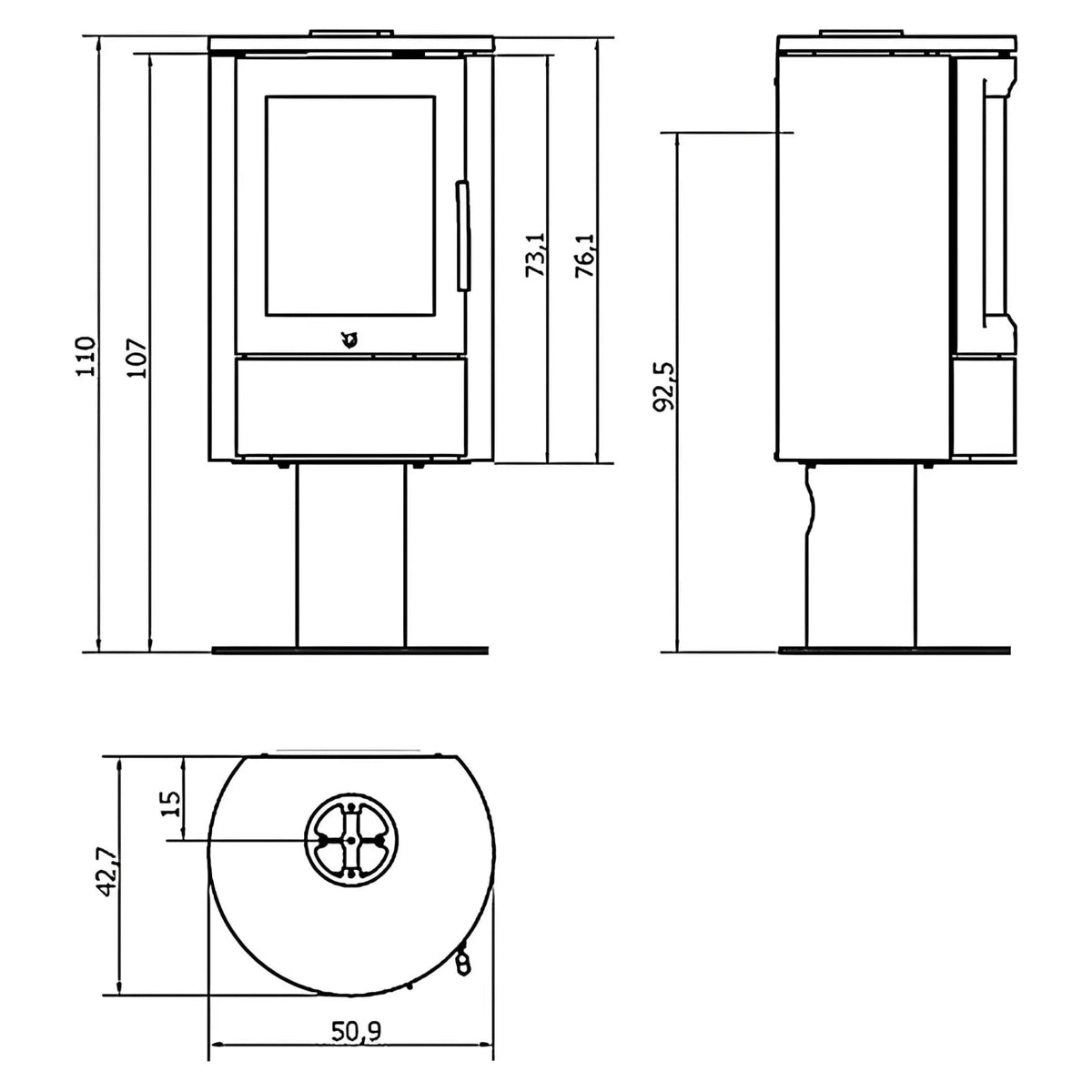 Kaminofen Varde Ovne Aura 11 | 5 kW – Vollständige bemaßte technische Ansichten