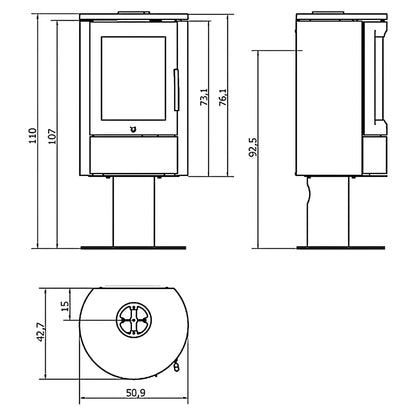 Kaminofen Varde Ovne Aura 11 | 5 kW – Vollständige bemaßte technische Ansichten