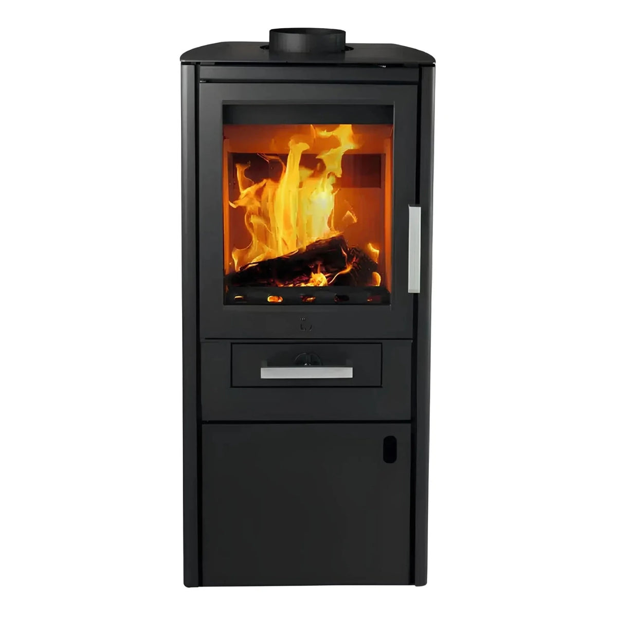 Kaminofen Varde Ovne Bornholm 5,5 kW – Kaminofen mit Feuer in Vorderansicht auf Weiß