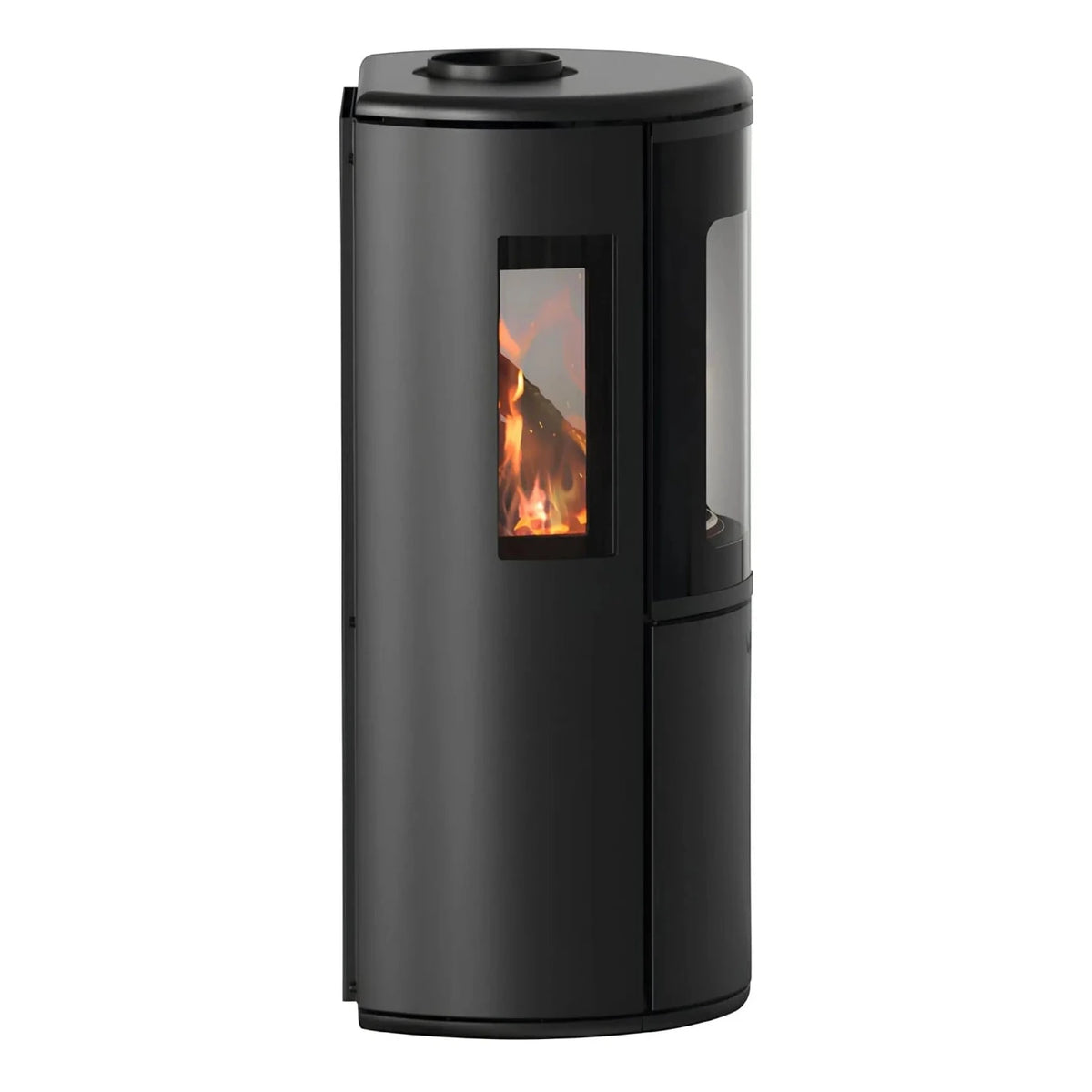 Kaminofen Varde Ovne Nordic 7 Air 6,2 kW – Kaminofen mit seitlichem Sichtfenster in Seitenansicht auf Weiß