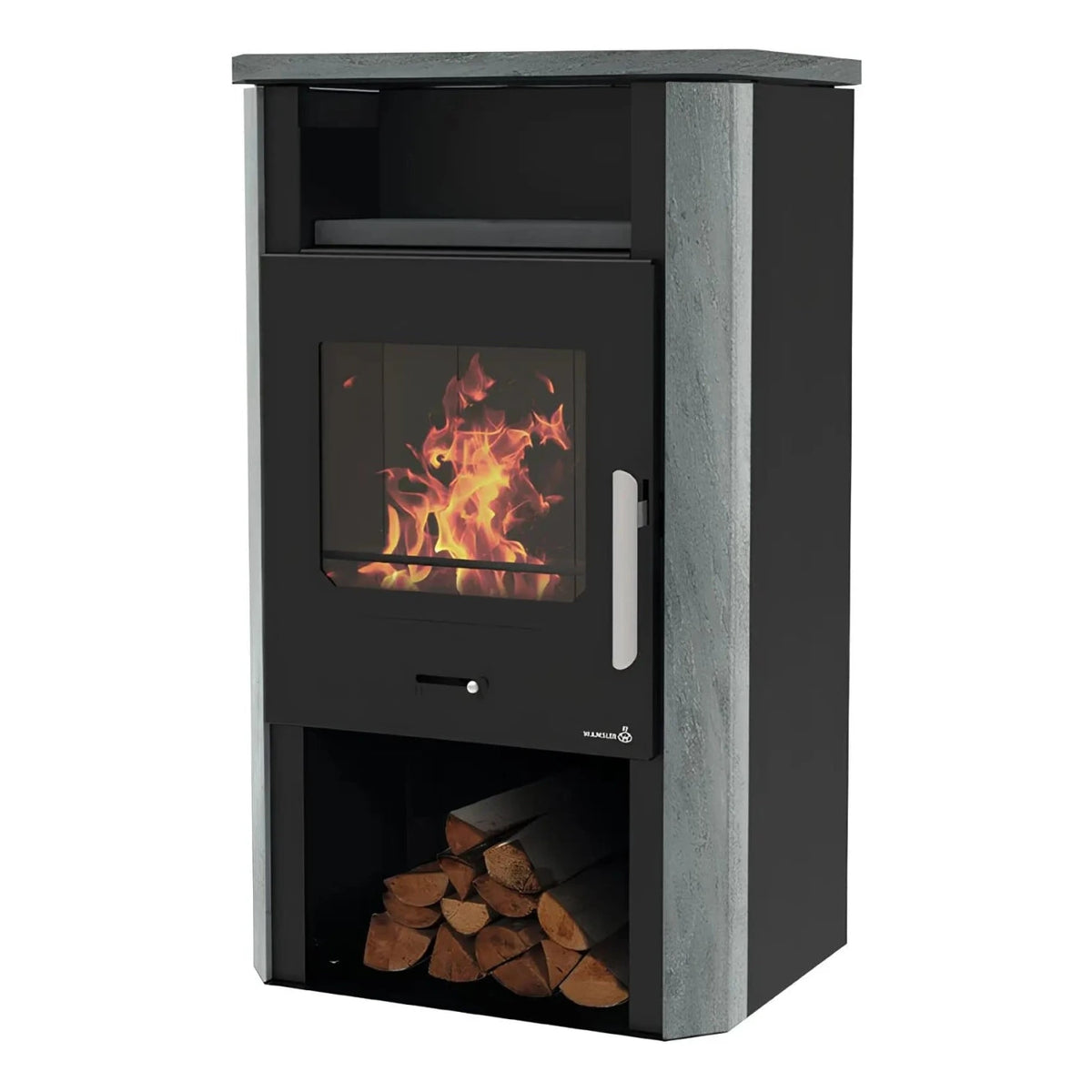 Kaminofen Wamsler Cube Naturstein | 6 kW – Eckiger Kaminofen mit Natursteinseiten und gefülltem Holzfach