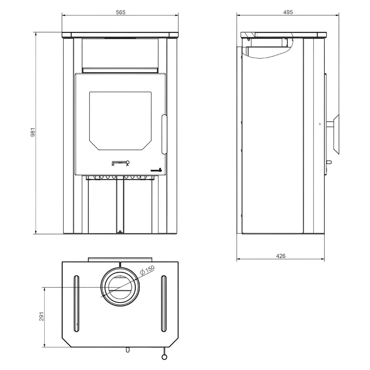 Kaminofen Wamsler Cube Naturstein | 6 kW – Vollständige technische Maßzeichnung mit mehreren Geräteansichten