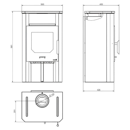 Kaminofen Wamsler Cube Naturstein | 6 kW – Vollständige technische Maßzeichnung mit mehreren Geräteansichten