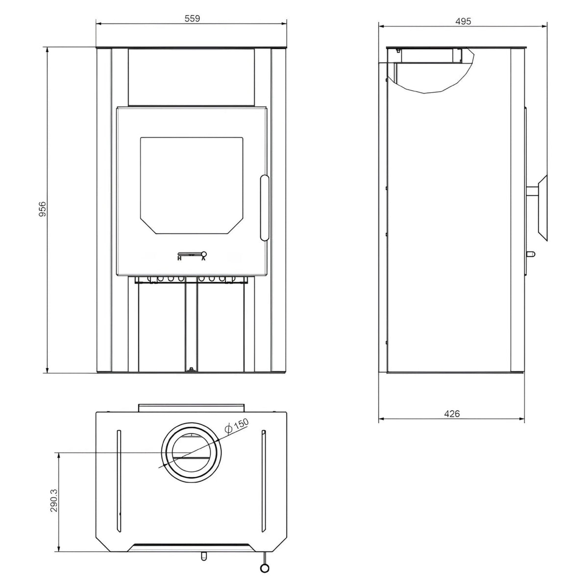 Kaminofen Wamsler Cube Stahl | 6 kW – Vollständige technische Maßzeichnung mit mehreren Geräteansichten
