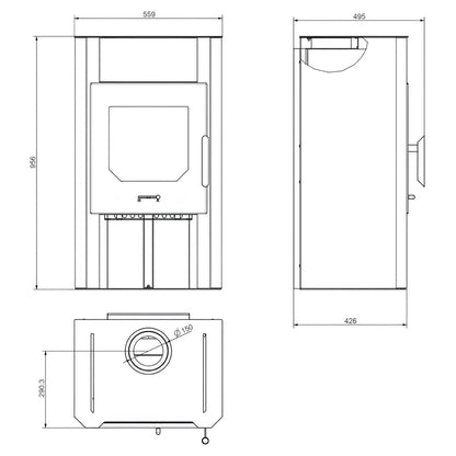 Kaminofen Wamsler Cube Stahl | 6 kW – Vollständige technische Maßzeichnung mit mehreren Geräteansichten
