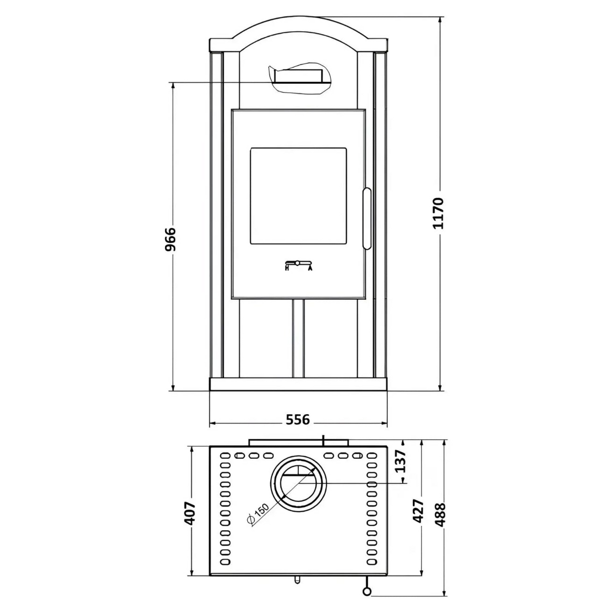 Kaminofen Wamsler Gron | 6 kW – Bemaßte Vorderansicht und Draufsicht