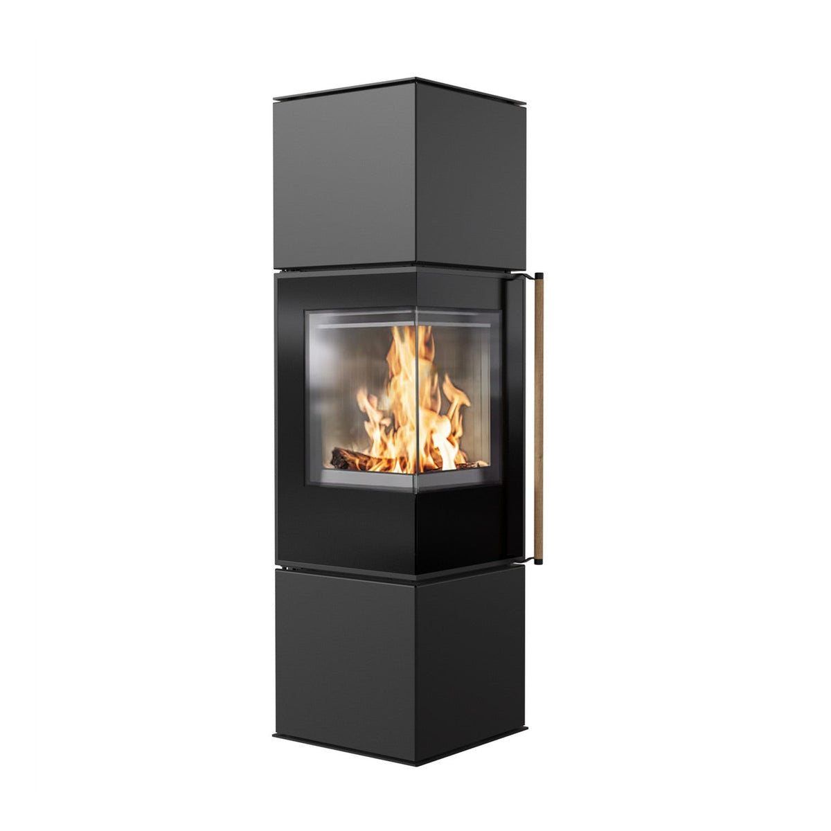Kaminofen Wamsler Level | 6,3 kW – schräge Frontansicht mit Glastür und Holzfach