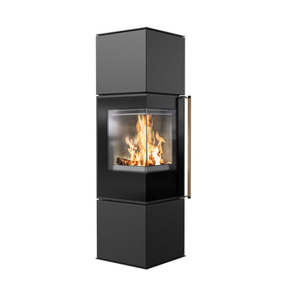 Kaminofen Wamsler Level | 6,3 kW – schräge Frontansicht mit Glastür und Holzfach