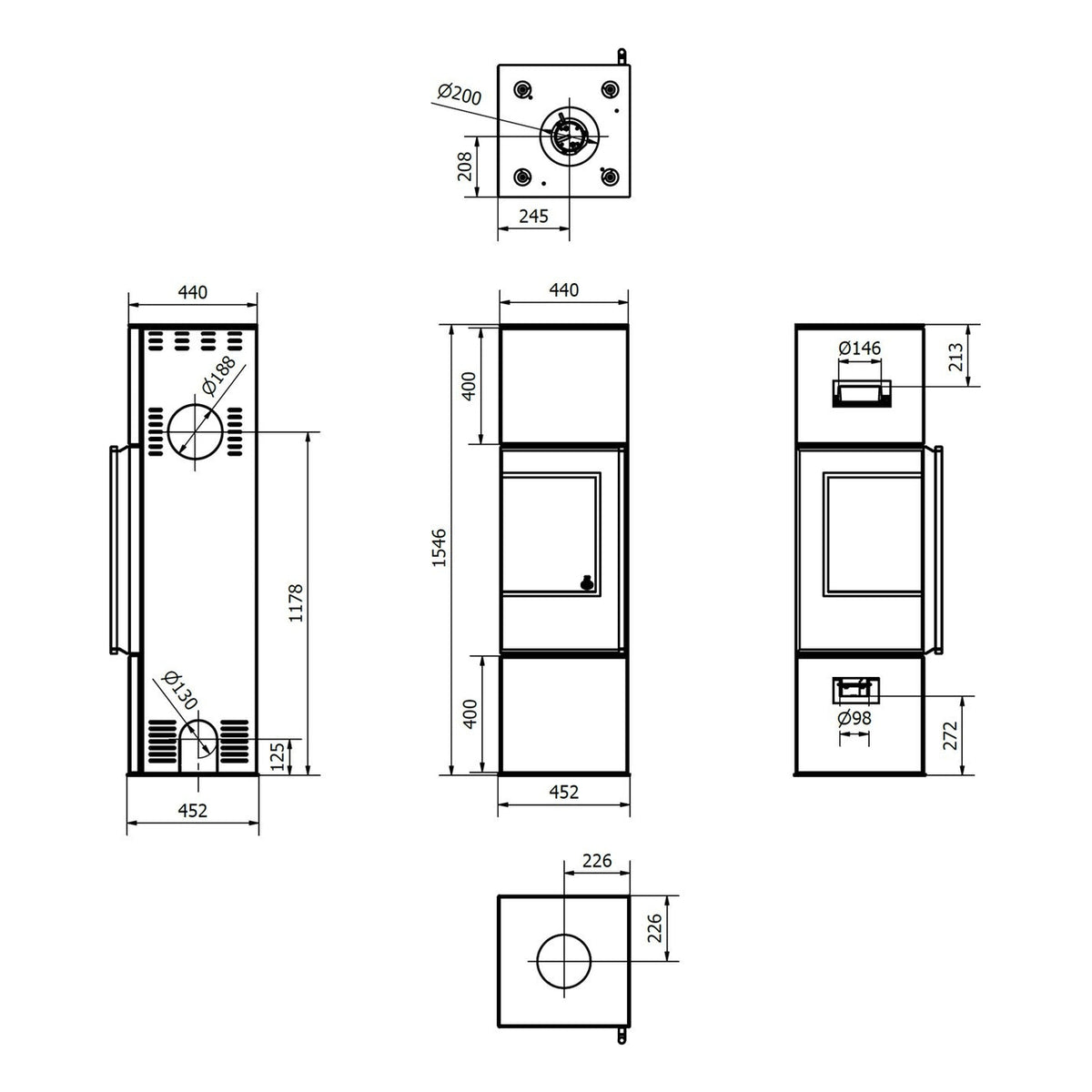 Kaminofen Wamsler Level | 6,3 kW – vollständige technische Maßzeichnung