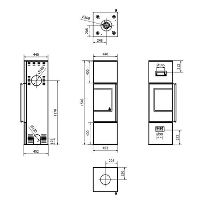Kaminofen Wamsler Level | 6,3 kW – vollständige technische Maßzeichnung