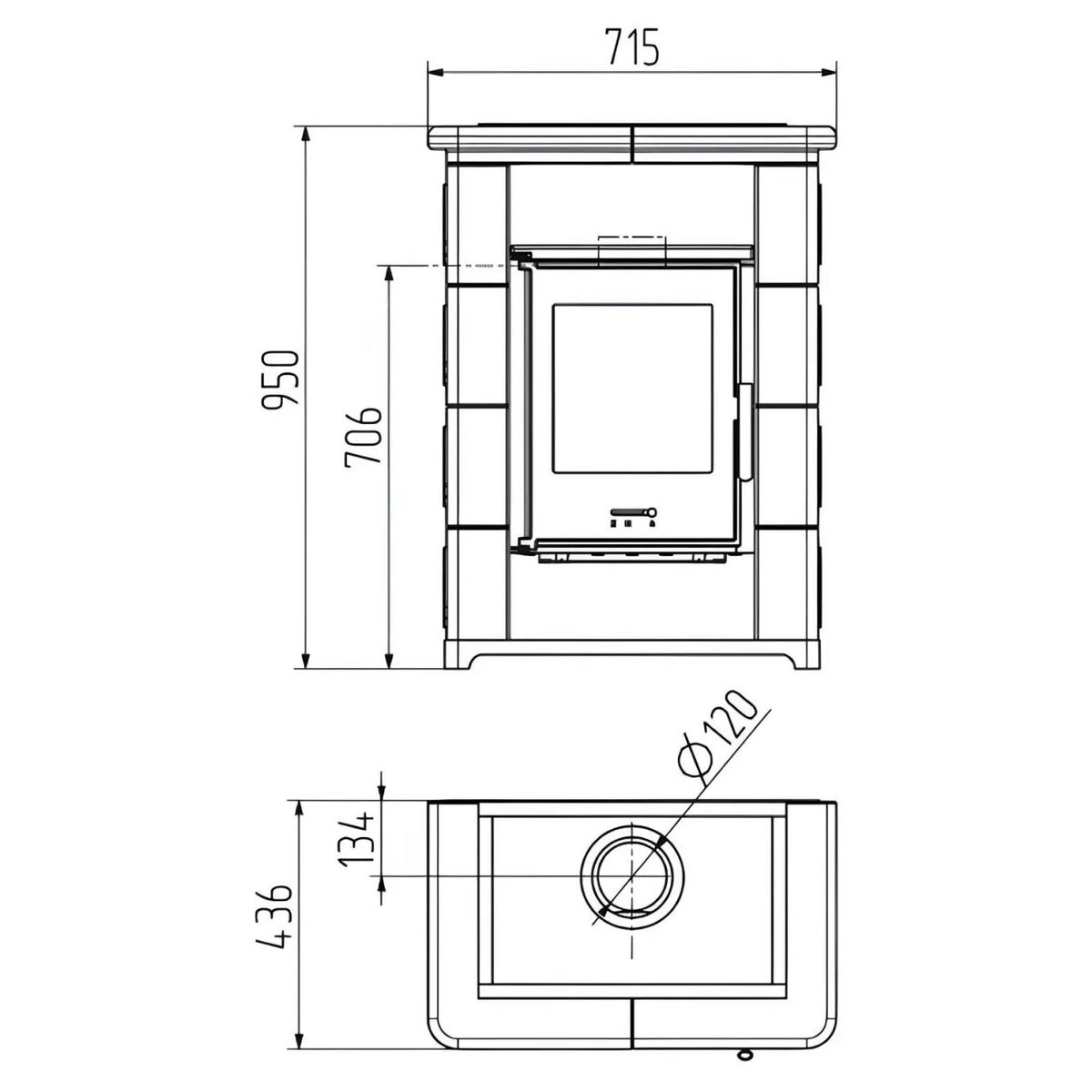Kaminofen Wamsler Montafon | 7 kW – Bemaßte Vorderansicht und Draufsicht