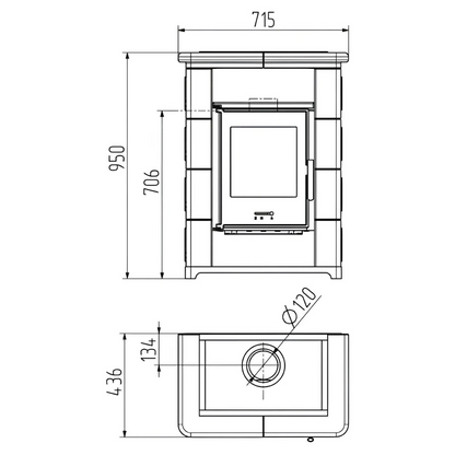 Kaminofen Wamsler Montafon | 7 kW – Bemaßte Vorderansicht und Draufsicht