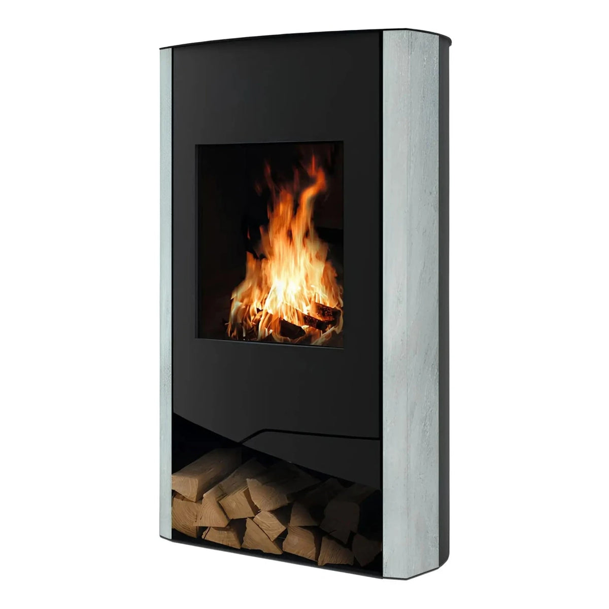 Kaminofen Wamsler N-Line Naturstein | 5 kW – Kaminofen mit grauen Natursteinseiten und gefülltem Holzfach
