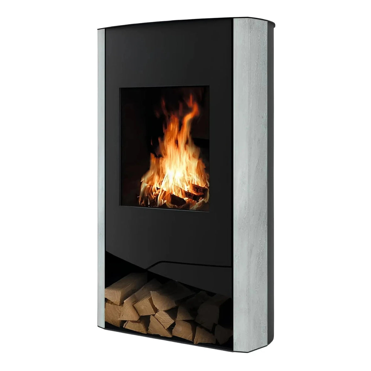 Kaminofen Wamsler N-Line Nevada | 5 kW – Kaminofen mit hellgrauen Seiten und gefülltem Holzfach
