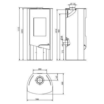 Kaminofen Wamsler N-Line Nevada | 5 kW – Vollständige technische Maßzeichnung mit mehreren Geräteansichten